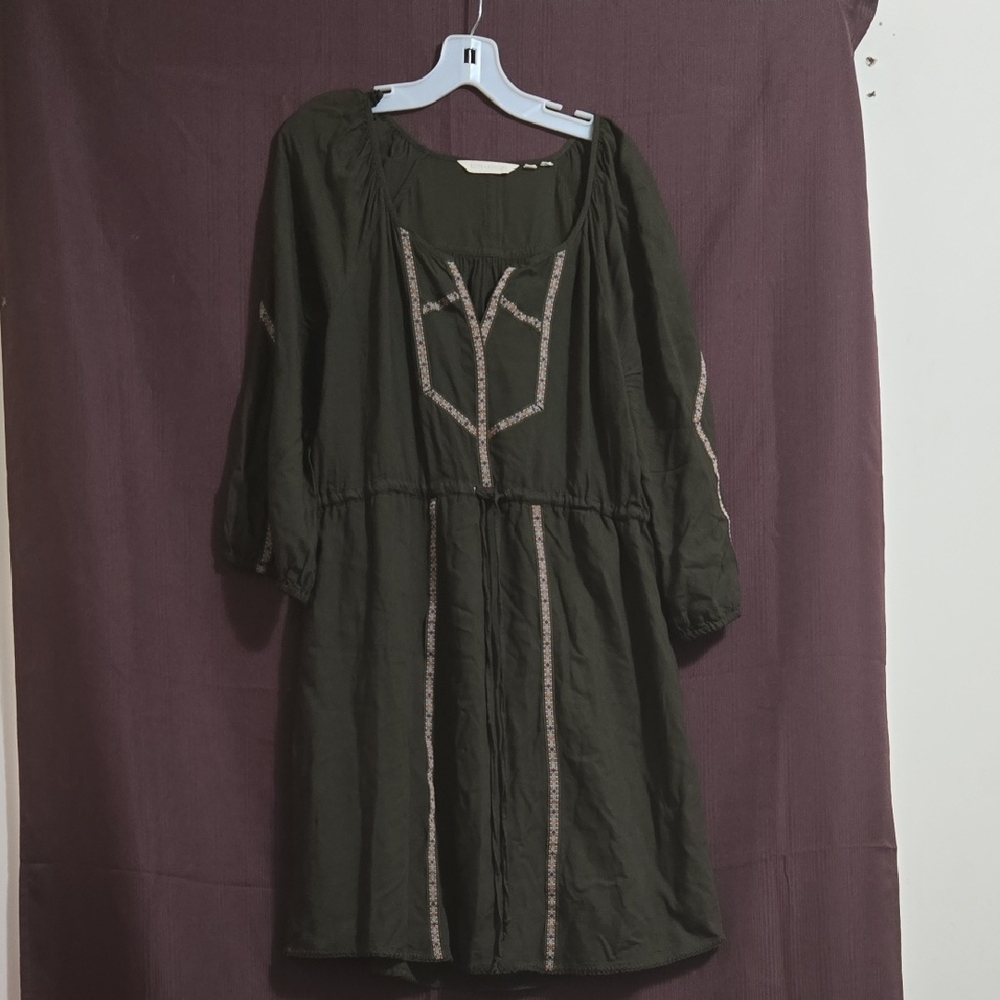 Anthropologie Dark Green Dress with Embroidered Accents